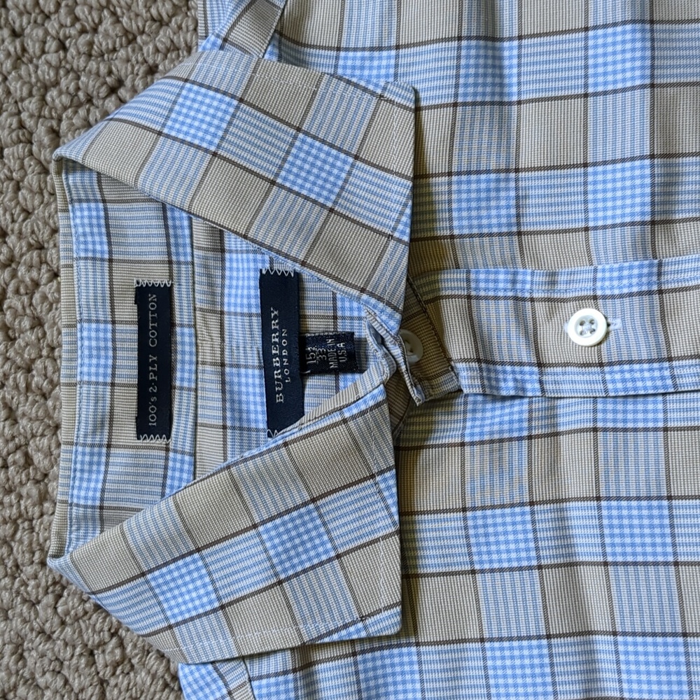 Burberry Men's Tan and Light Blue Plaid Dress Shirt